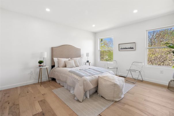 Bedroom, Interior, Recessed Lighting, Wood Texture Flooring