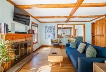 Chandelier, Fireplace, Interior, Living room, Wooden Beams, Wood Texture Flooring