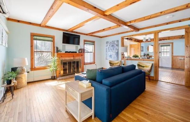 Fireplace, Interior, Living room, Wooden Beams, Wood Texture Flooring