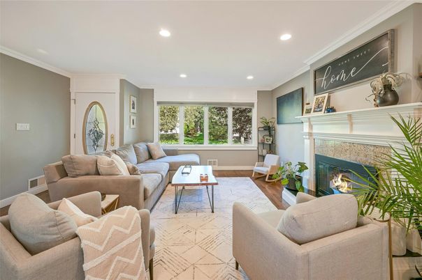 Fireplace, Interior, Living room, Recessed Lighting, Wood Texture Flooring