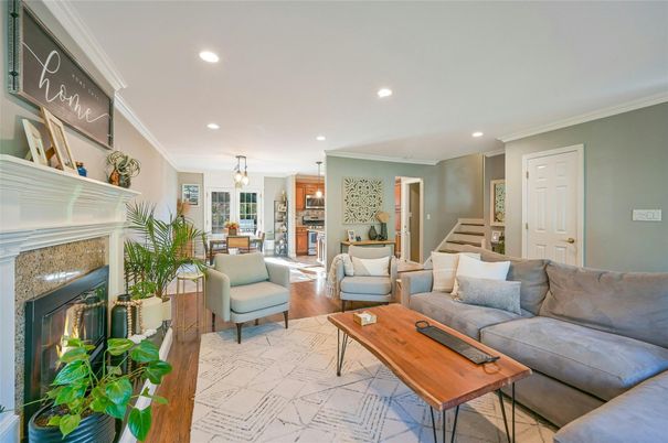 Dining room, Fireplace, Interior, Living room, Pendant Lights, Recessed Lighting, Wood Texture Flooring
