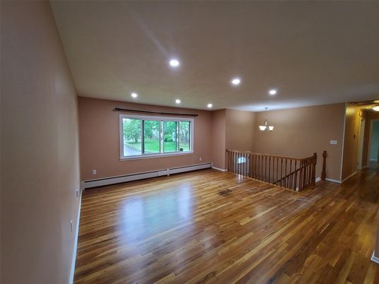 Chandelier, Empty room, Interior, Pendant Lights, Recessed Lighting, Wood Texture Flooring