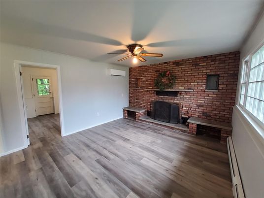 Empty room, Fireplace, Interior, Stone Walls, Wood Texture Flooring