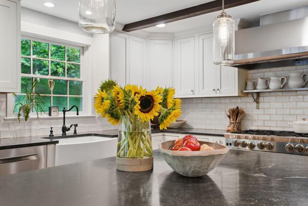 Interior, Kitchen, Pendant Lights, Recessed Lighting, Stainless Steel Appliances, Wooden Beams
