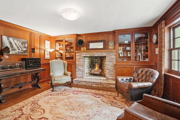 Fireplace, Home Office, Interior, Wood Texture Flooring, Wooden Walls