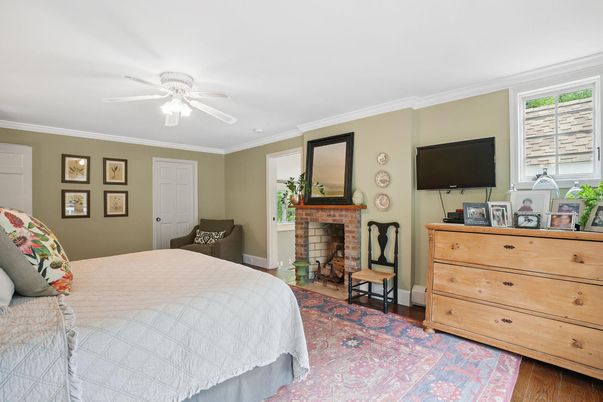 Bedroom, Fireplace, Interior, Wood Texture Flooring