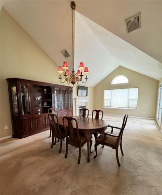 Chandelier, Dining room, Fireplace, Interior