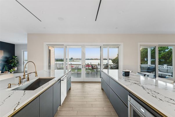 Interior, Kitchen, Recessed Lighting, Stainless Steel Appliances, Water, Wood Texture Flooring