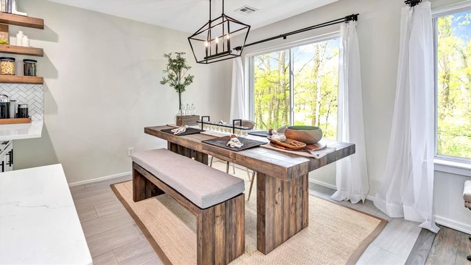 Dining room, Interior, Pendant Lights, Wood Texture Flooring