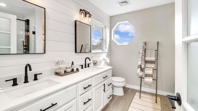 Bathroom, Dual Sink Vanities, Interior, Wood Texture Flooring