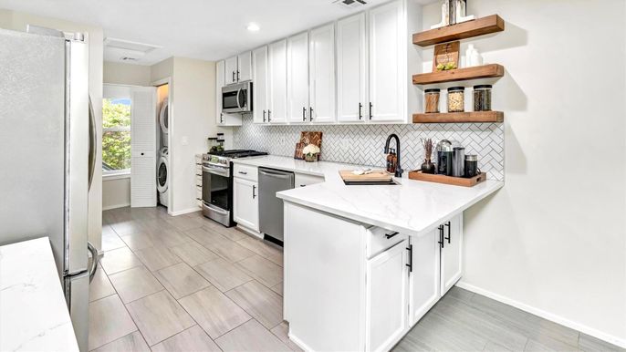 Interior, Kitchen, Recessed Lighting, Stainless Steel Appliances, Wood Texture Flooring