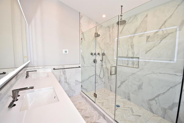Bathroom, Glass Shower, Interior, Marble, Marble Walls, Recessed Lighting