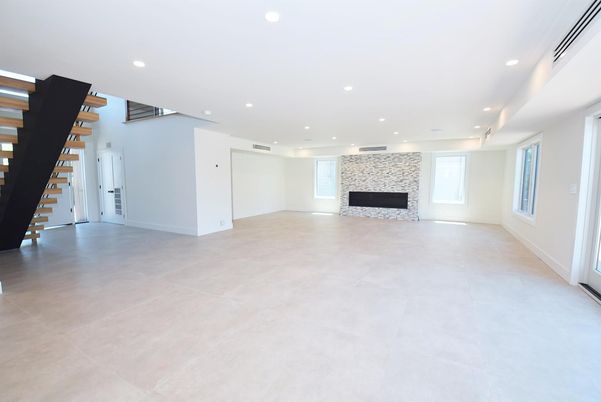 Empty room, Fireplace, Interior, Recessed Lighting, Stone Walls