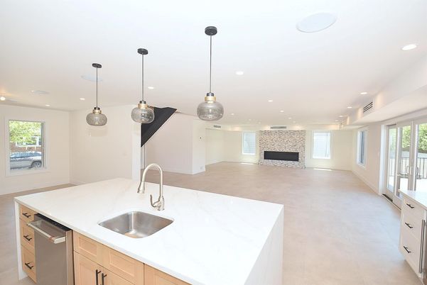 Empty room, Fireplace, Interior, Kitchen, Pendant Lights, Recessed Lighting