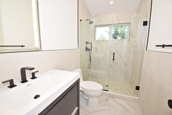 Bathroom, Glass Shower, Interior, Marble, Marble Walls, Recessed Lighting
