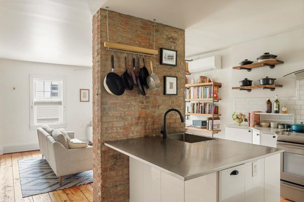 Interior, Kitchen, Stainless Steel Appliances, Stone Walls, Wood Texture Flooring