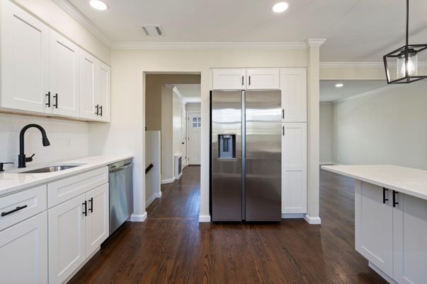 Interior, Kitchen, Pendant Lights, Recessed Lighting, Stainless Steel Appliances, Wood Texture Flooring