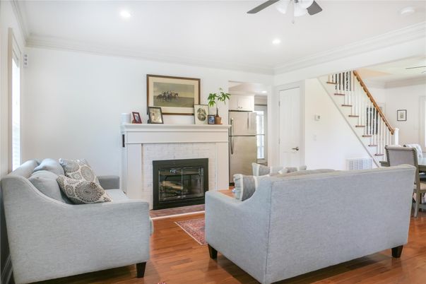 Fireplace, Interior, Kitchen, Living room, Recessed Lighting, Wood Texture Flooring