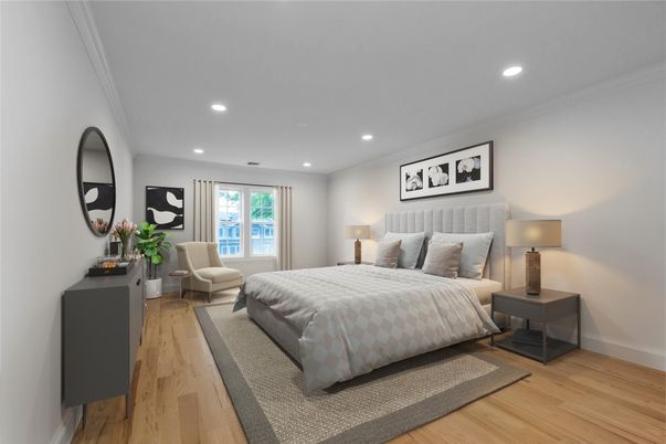 Bedroom, Interior, Recessed Lighting, Wood Texture Flooring