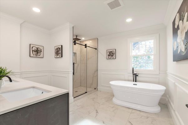 Bathroom, Dual Sink Vanities, Free Standing Baths, Glass Shower, Interior, Marble, Marble Walls, Recessed Lighting