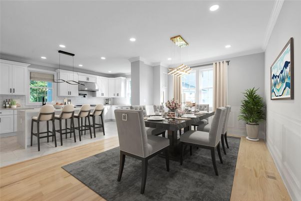 Dining room, Interior, Kitchen, Pendant Lights, Recessed Lighting, Wood Texture Flooring