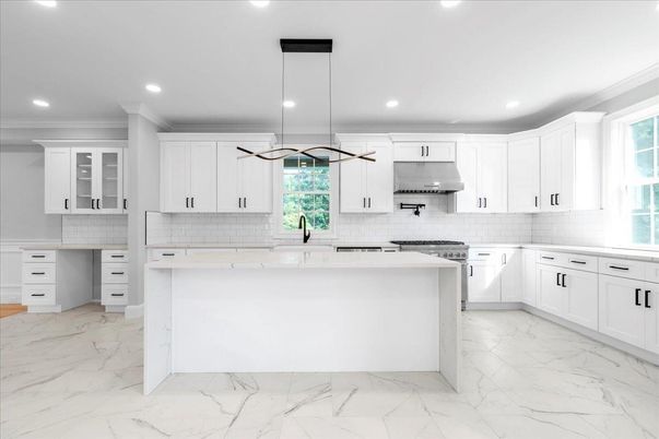 Interior, Kitchen, Marble, Pendant Lights, Recessed Lighting, Stainless Steel Appliances