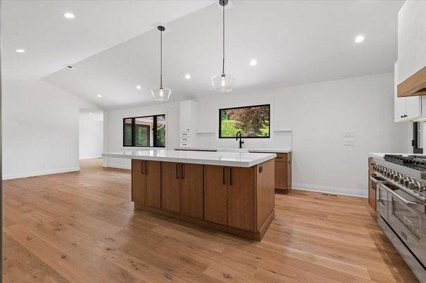 Interior, Kitchen, Pendant Lights, Recessed Lighting, Stainless Steel Appliances, Wood Texture Flooring