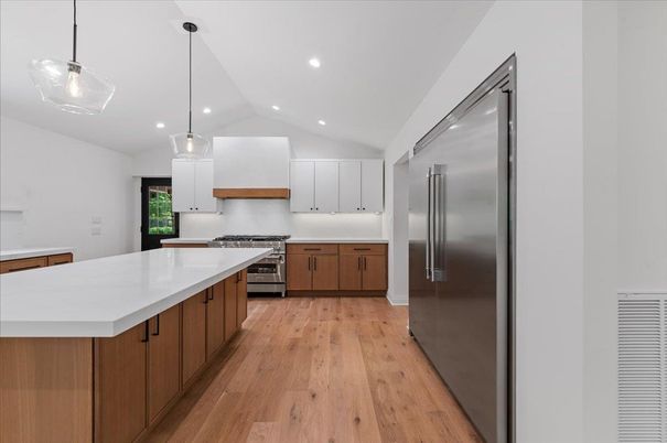 Interior, Kitchen, Pendant Lights, Recessed Lighting, Stainless Steel Appliances, Wood Texture Flooring