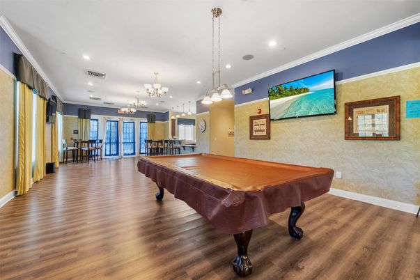 Billiard Table, Chandelier, Game Room, Interior, Pendant Lights, Recessed Lighting, Wood Texture Flooring