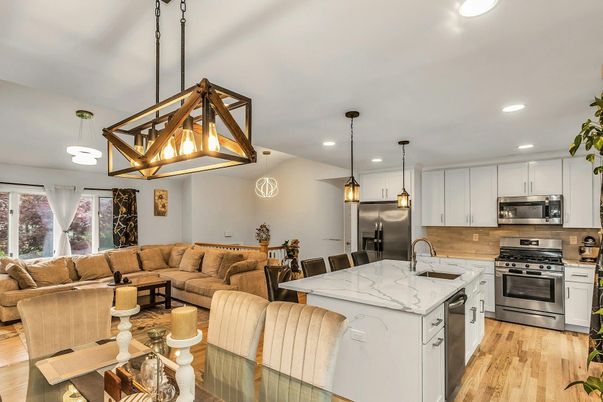 Interior, Kitchen, Living room, Pendant Lights, Recessed Lighting, Stainless Steel Appliances, Wood Texture Flooring