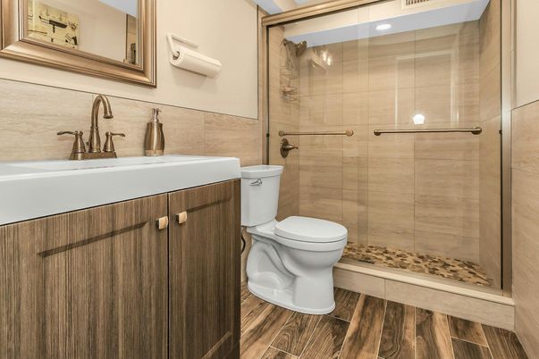 Bathroom, Glass Shower, Interior, Wood Texture Flooring