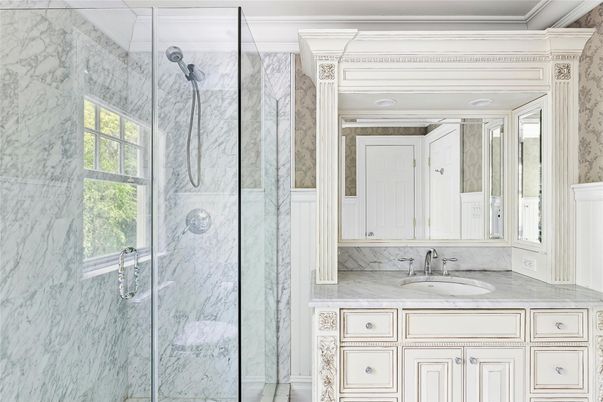 Bathroom, Glass Shower, Interior, Marble Walls