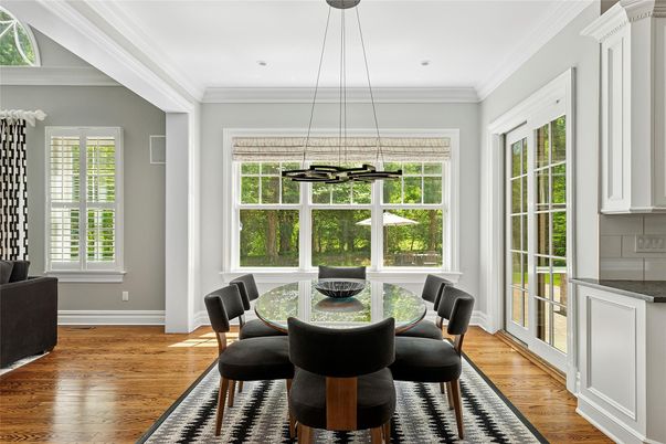 Dining room, Interior, Pendant Lights, Recessed Lighting, Wood Texture Flooring