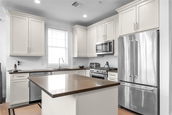 Interior, Kitchen, Recessed Lighting, Stainless Steel Appliances, Wood Texture Flooring