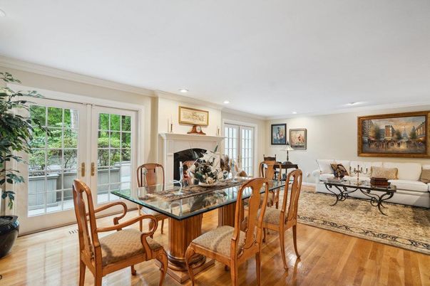 Dining room, Fireplace, Interior, Living room, Recessed Lighting, Wood Texture Flooring