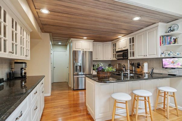 Interior, Kitchen, Recessed Lighting, Stainless Steel Appliances, Wooden Ceilings, Wood Texture Flooring