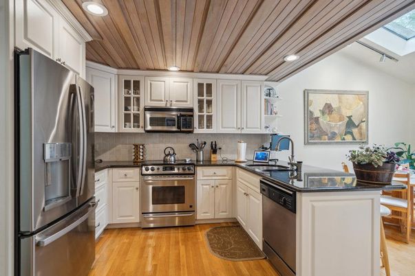 Interior, Kitchen, Recessed Lighting, Stainless Steel Appliances, Wooden Ceilings, Wood Texture Flooring