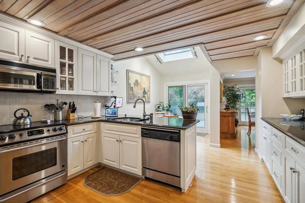 Interior, Kitchen, Recessed Lighting, Stainless Steel Appliances, Wooden Ceilings, Wood Texture Flooring