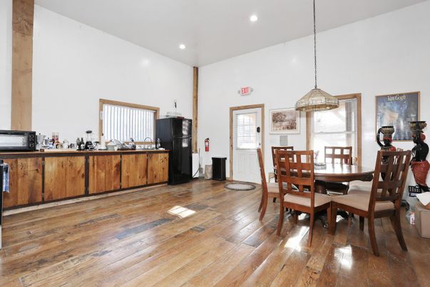 Dining room, Interior, Pendant Lights, Recessed Lighting, Wood Texture Flooring