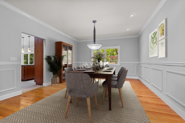 Dining room, Interior, Pendant Lights, Recessed Lighting, Wood Texture Flooring