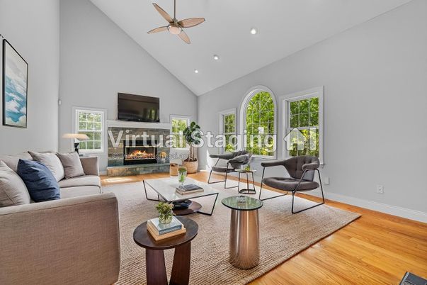 Fireplace, Interior, Living room, Recessed Lighting, Wood Texture Flooring