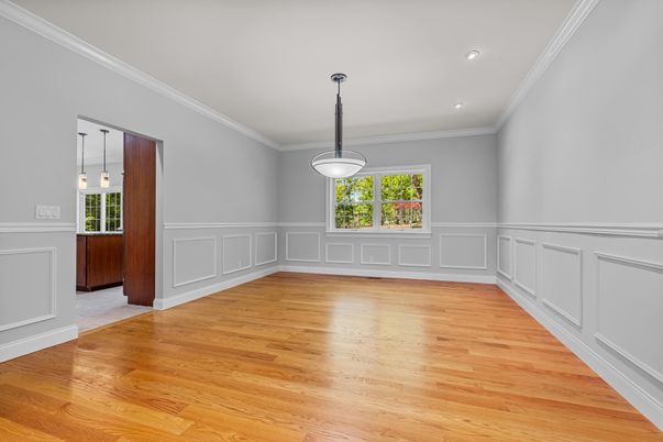 Empty room, Interior, Pendant Lights, Recessed Lighting, Wood Texture Flooring