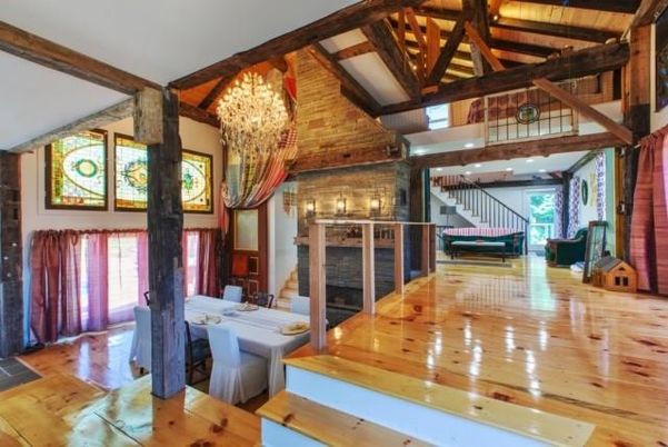 Chandelier, Dining room, Fireplace, Interior, Wooden Beams, Wooden Ceilings, Wood Texture Flooring