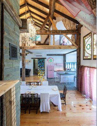 Dining room, Interior, Stone Walls, Wooden Beams, Wooden Ceilings, Wood Texture Flooring