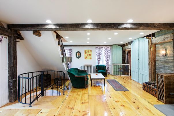 Interior, Living room, Recessed Lighting, Stone Walls, Wood Texture Flooring