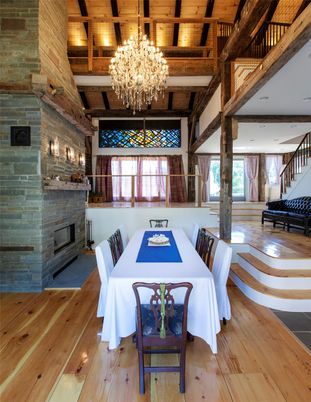 Chandelier, Dining room, Fireplace, Interior, Stone Walls, Wooden Beams, Wooden Ceilings, Wood Texture Flooring