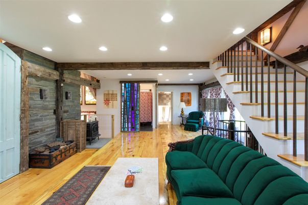 Fireplace, Interior, Recessed Lighting, Stone Walls, Wood Texture Flooring