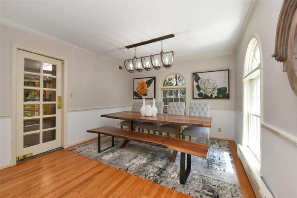 Dining room, Interior, Pendant Lights, Wood Texture Flooring