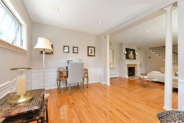 Fireplace, Home Office, Interior, Recessed Lighting, Wood Texture Flooring