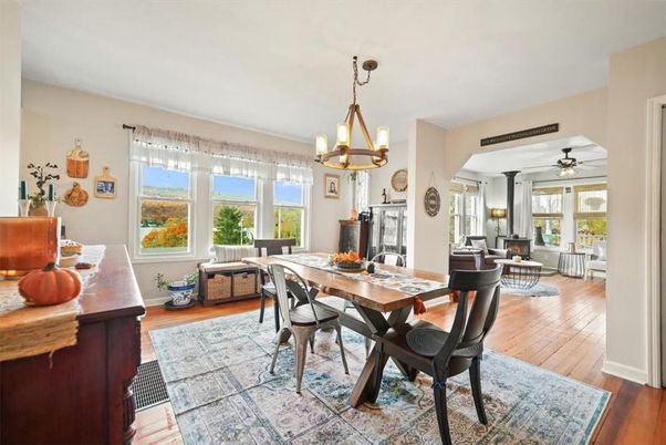 Dining room, Fireplace, Interior, Living room, Pendant Lights, Wood Texture Flooring